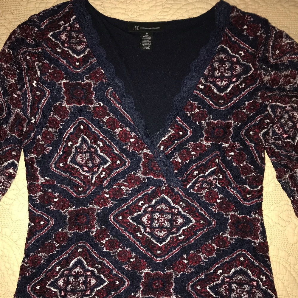 INC printed 3/4 sleeve top Navy &Cranberry Sz M
